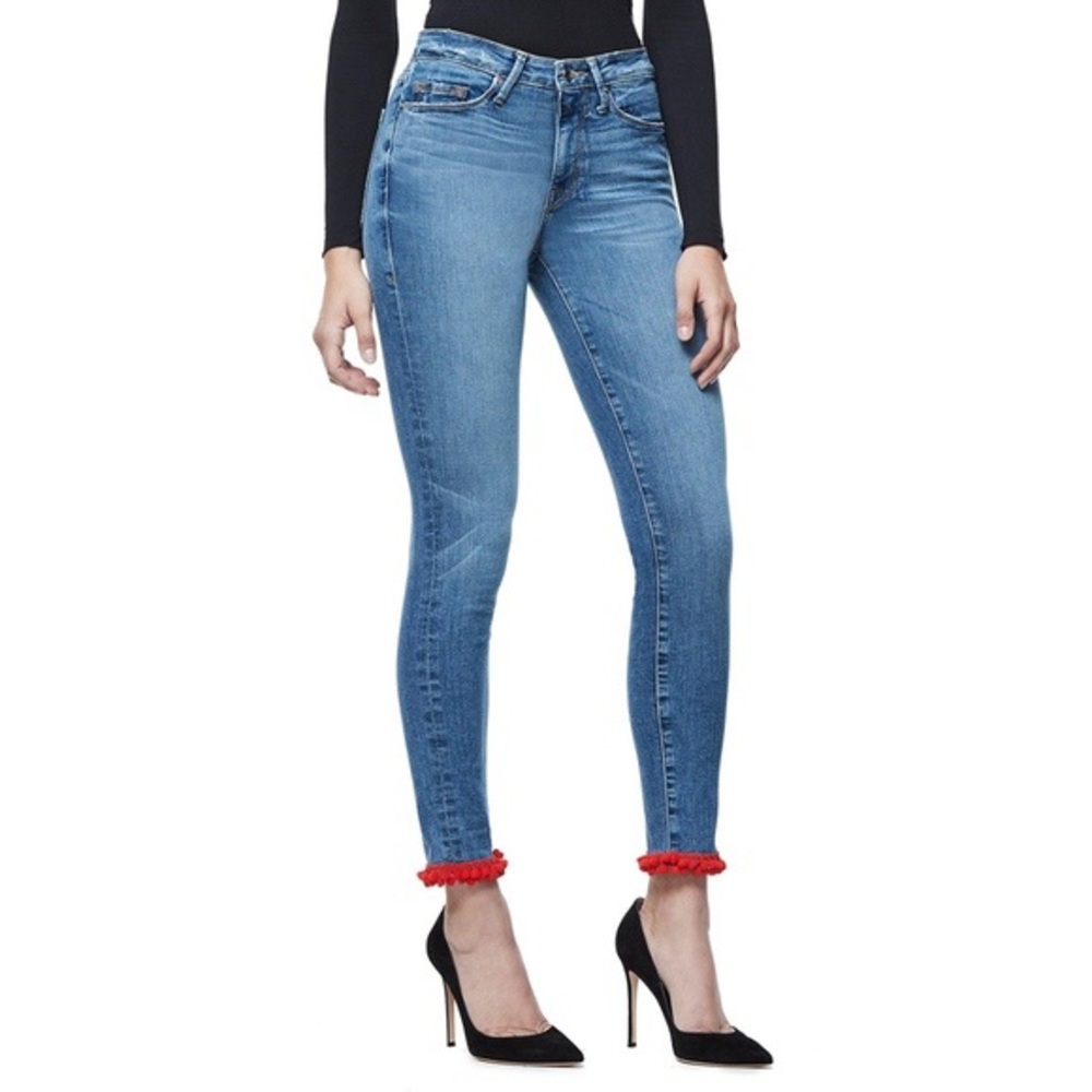 Good American Jeans with Red Pom Pom trim